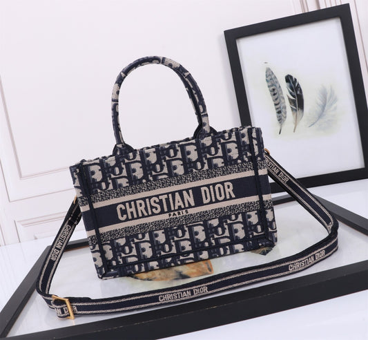 Dior Classic Navy Monogram Embroidered Canvas Top Handle Tote Bag