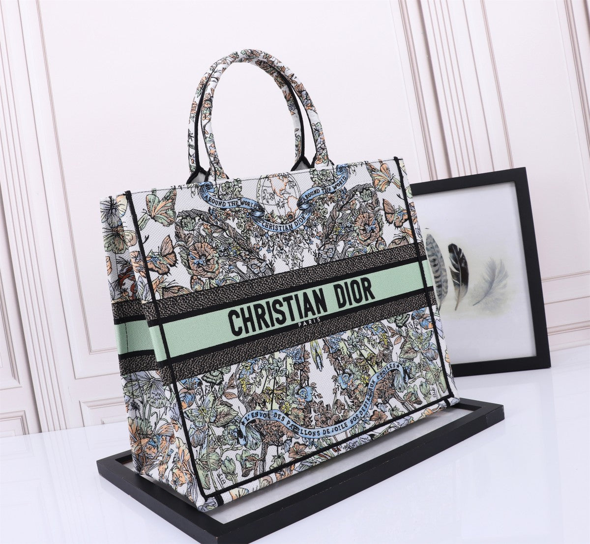 Christian Dior Medium Book Tote - Butterfly Print Canvas - Green & White