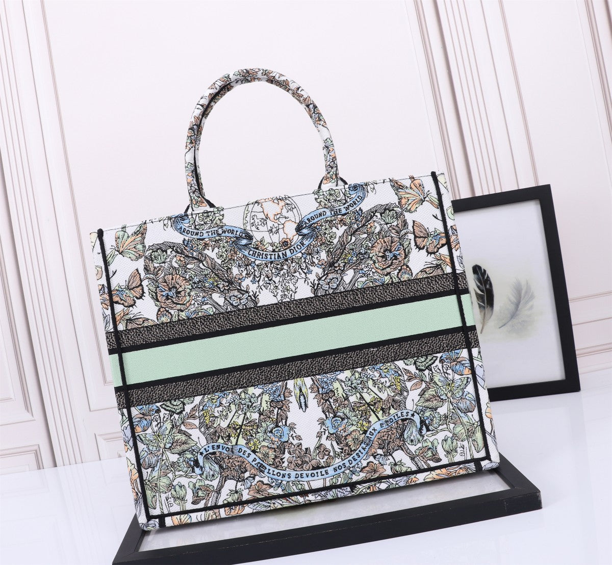 Christian Dior Medium Book Tote - Butterfly Print Canvas - Green & White