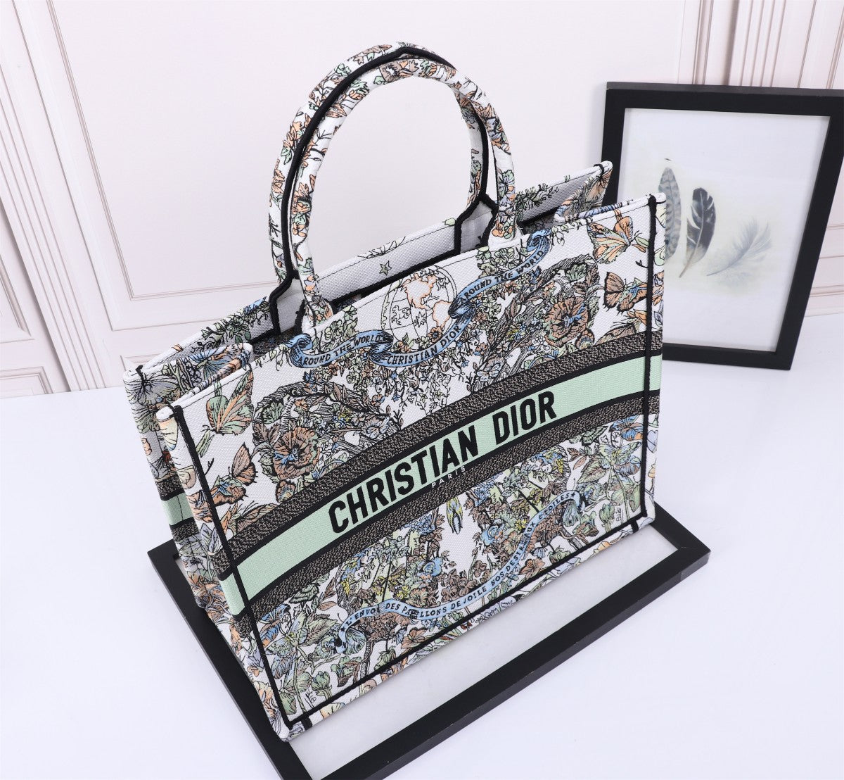Christian Dior Medium Book Tote - Butterfly Print Canvas - Green & White