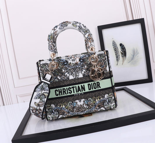 Dior Luxury Floral Butterfly Embroidered Handbag with Top Handle