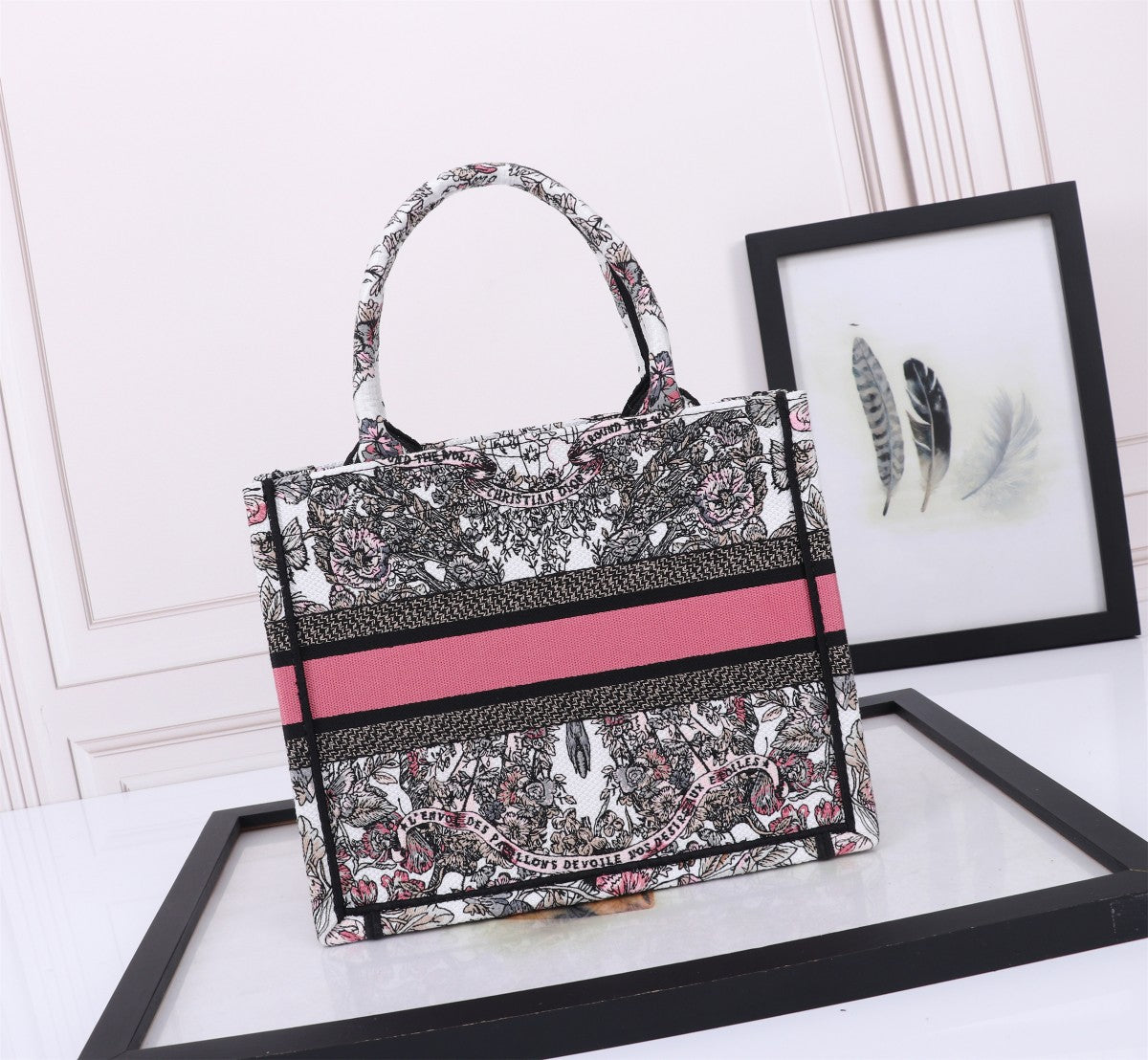 Dior Floral Embroidered Canvas Tote Bag with Pink Stripe