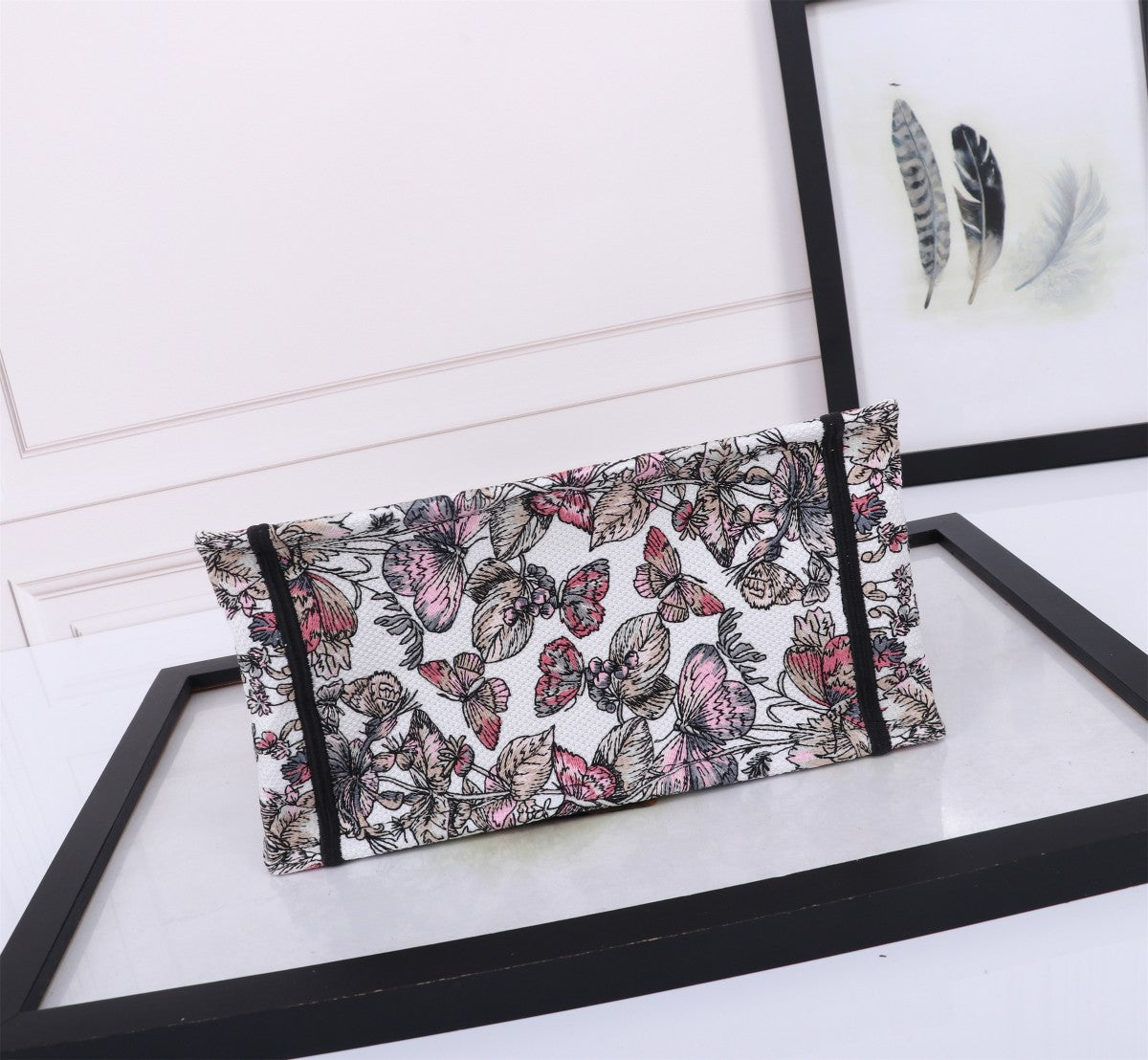 Dior Floral Embroidered Canvas Tote Bag with Pink Stripe