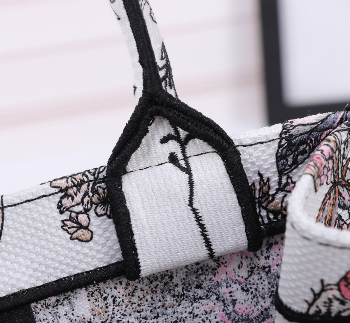 Dior Floral Embroidered Canvas Tote Bag with Pink Stripe