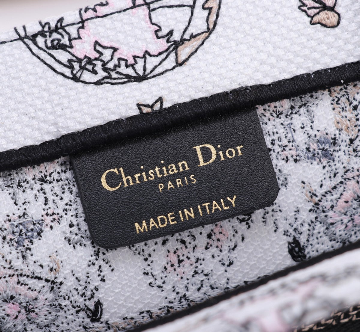 Dior Floral Embroidered Canvas Tote Bag with Pink Stripe