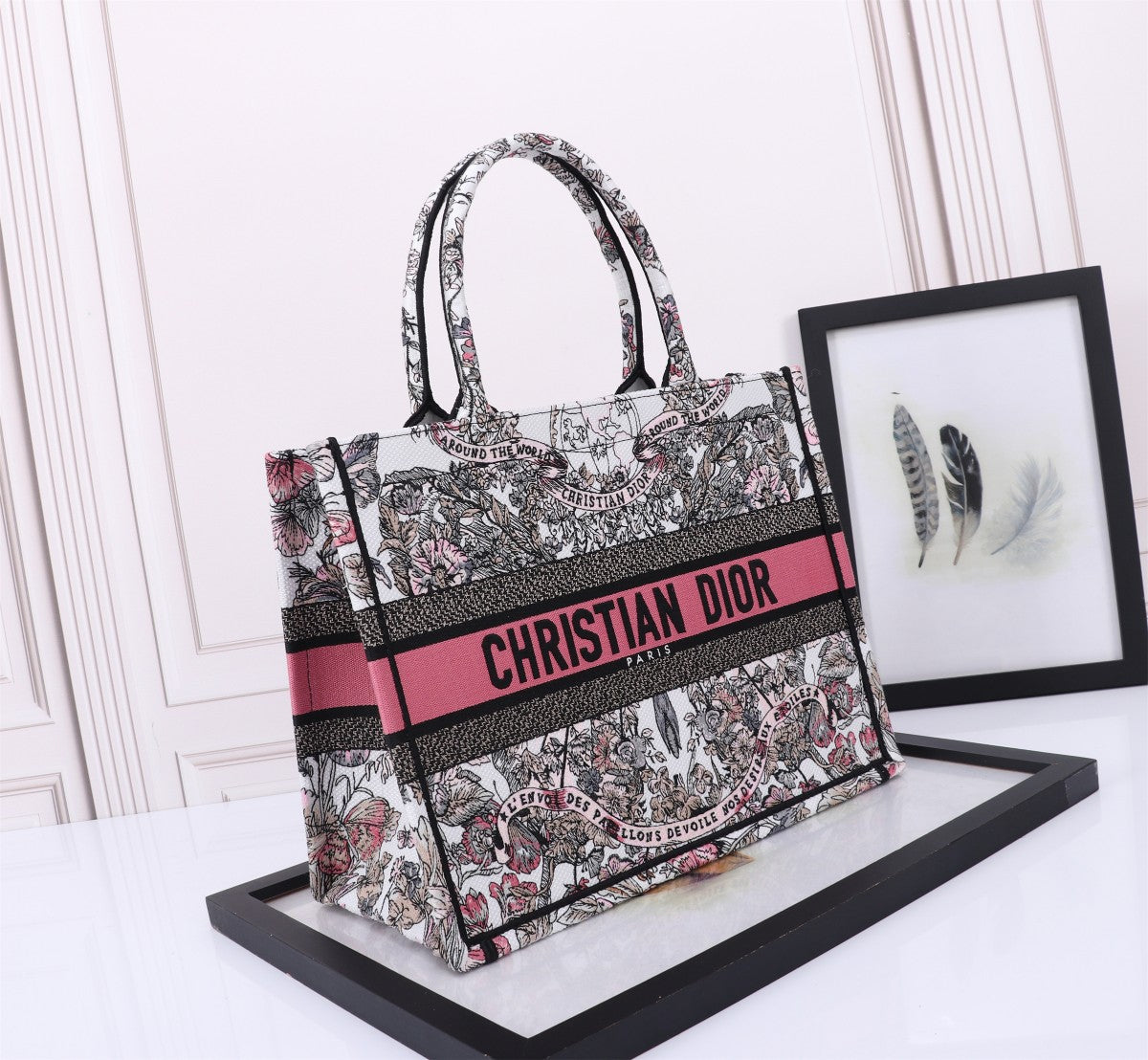 Christian Dior Floral Book Tote Bag with Signature Pink Logo Band