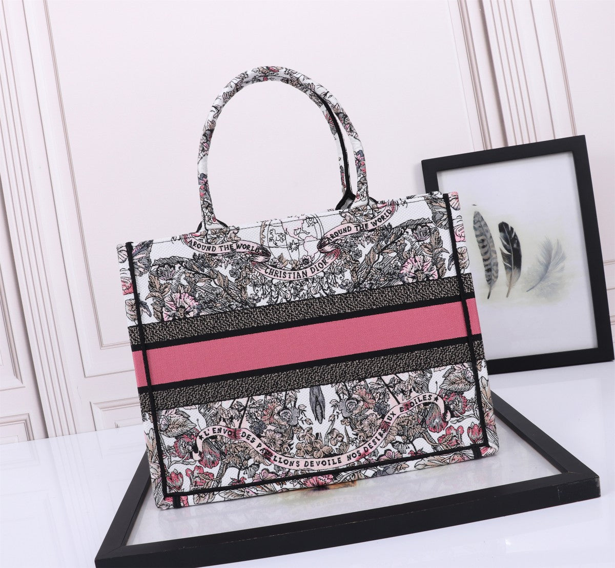 Dior Intricate Floral Print Canvas Tote Bag with Pink Accent Stripe