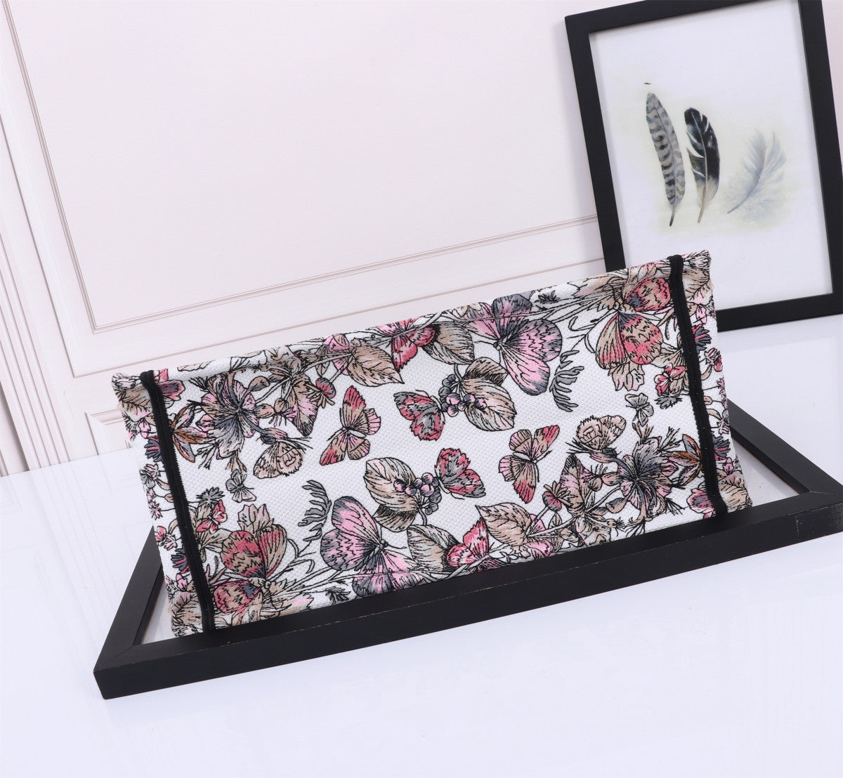 Dior Intricate Floral Print Canvas Tote Bag with Pink Accent Stripe