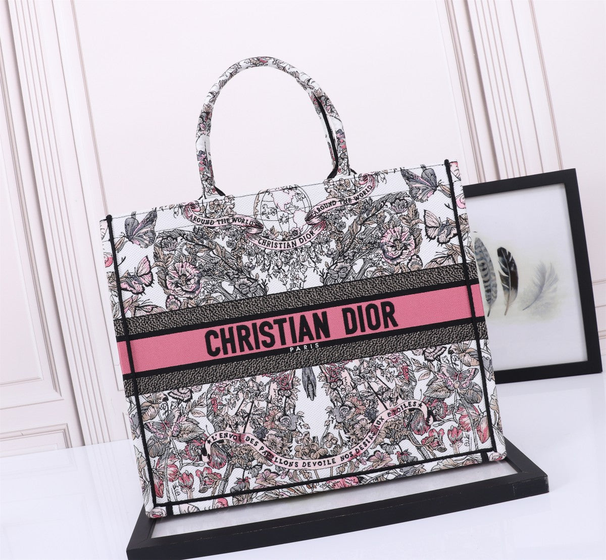 Christian Dior Large Book Tote Bag - Pink Embroidered Canvas with Signature Logo