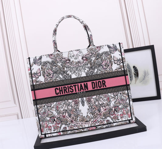 Dior Embroidered Floral Canvas Tote Bag with Pink Stripe Accent