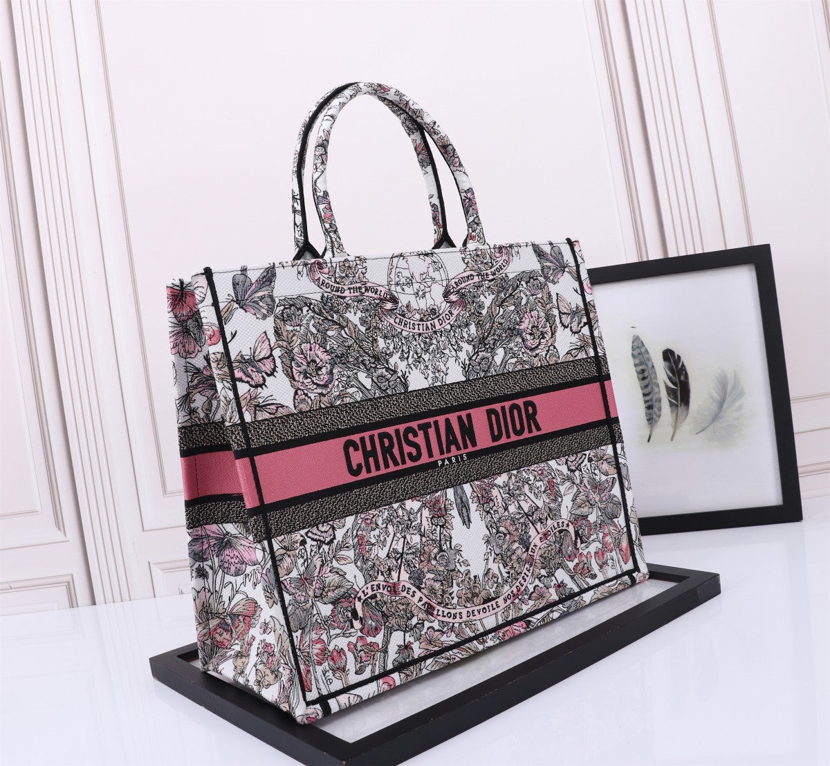 Dior Elegant Floral Pattern Canvas Tote Bag with Pink Accent Band