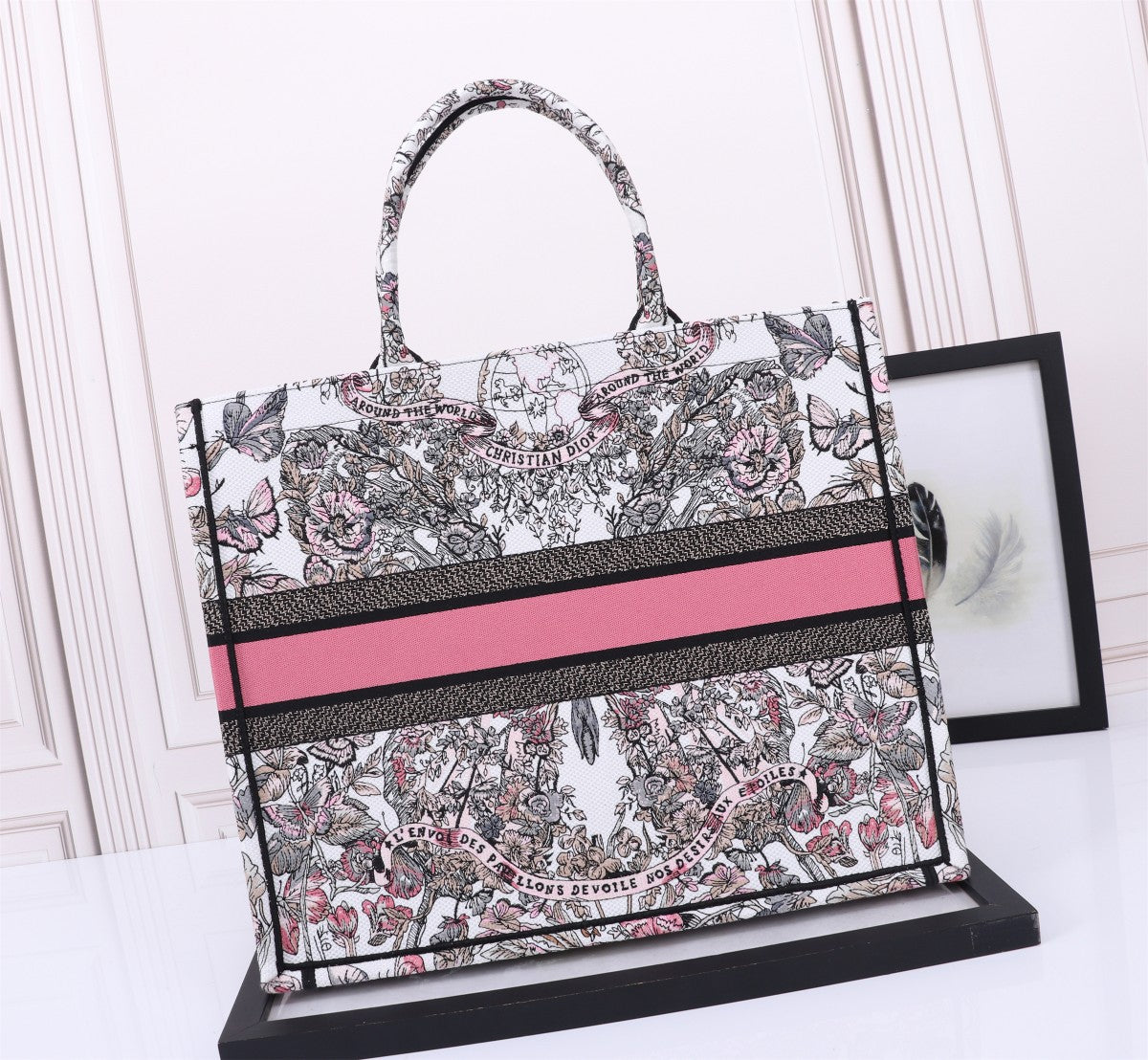 Dior Elegant Floral Pattern Canvas Tote Bag with Pink Accent Band