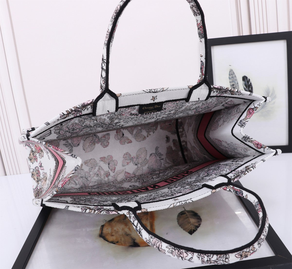 Christian Dior Large Book Tote Bag - Floral Embroidered Canvas with Pink Signature Band