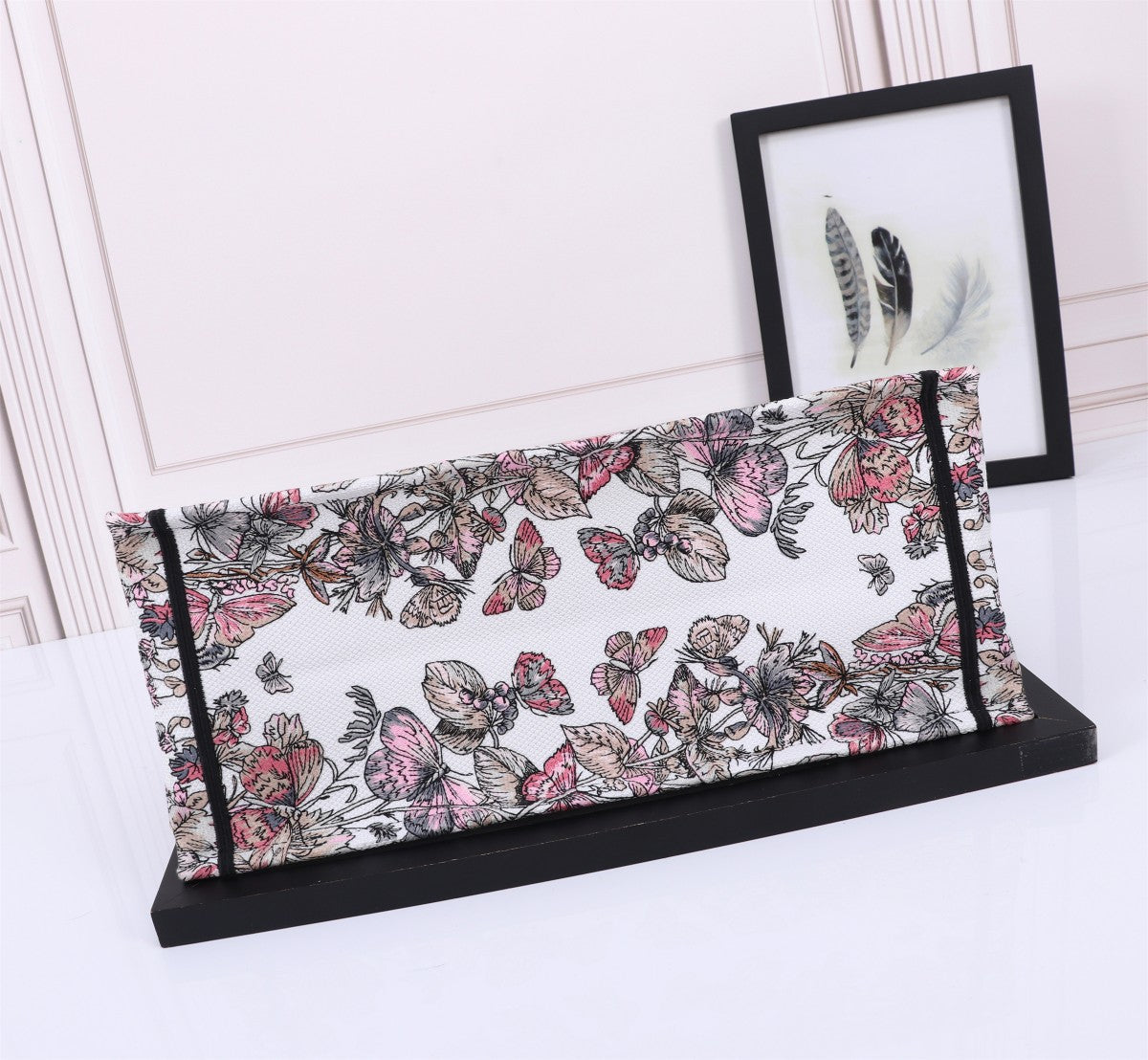 Dior Elegant Floral Pattern Canvas Tote Bag with Pink Accent Band
