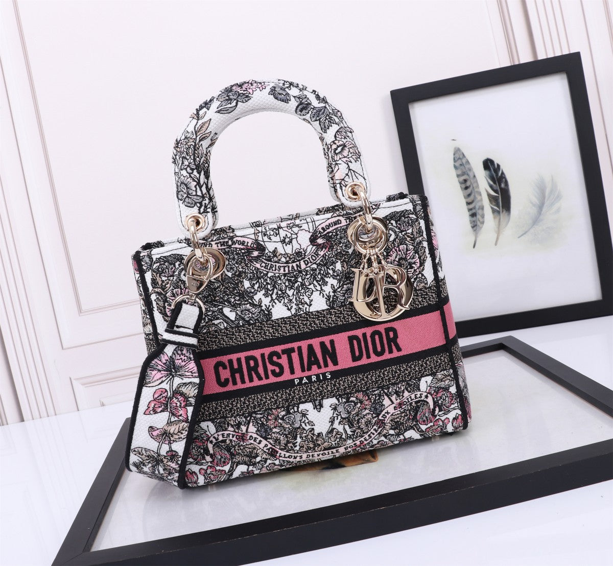 Christian Dior Lady D-Lite Handbag Grey Floral Embroidery with Pink Stripe