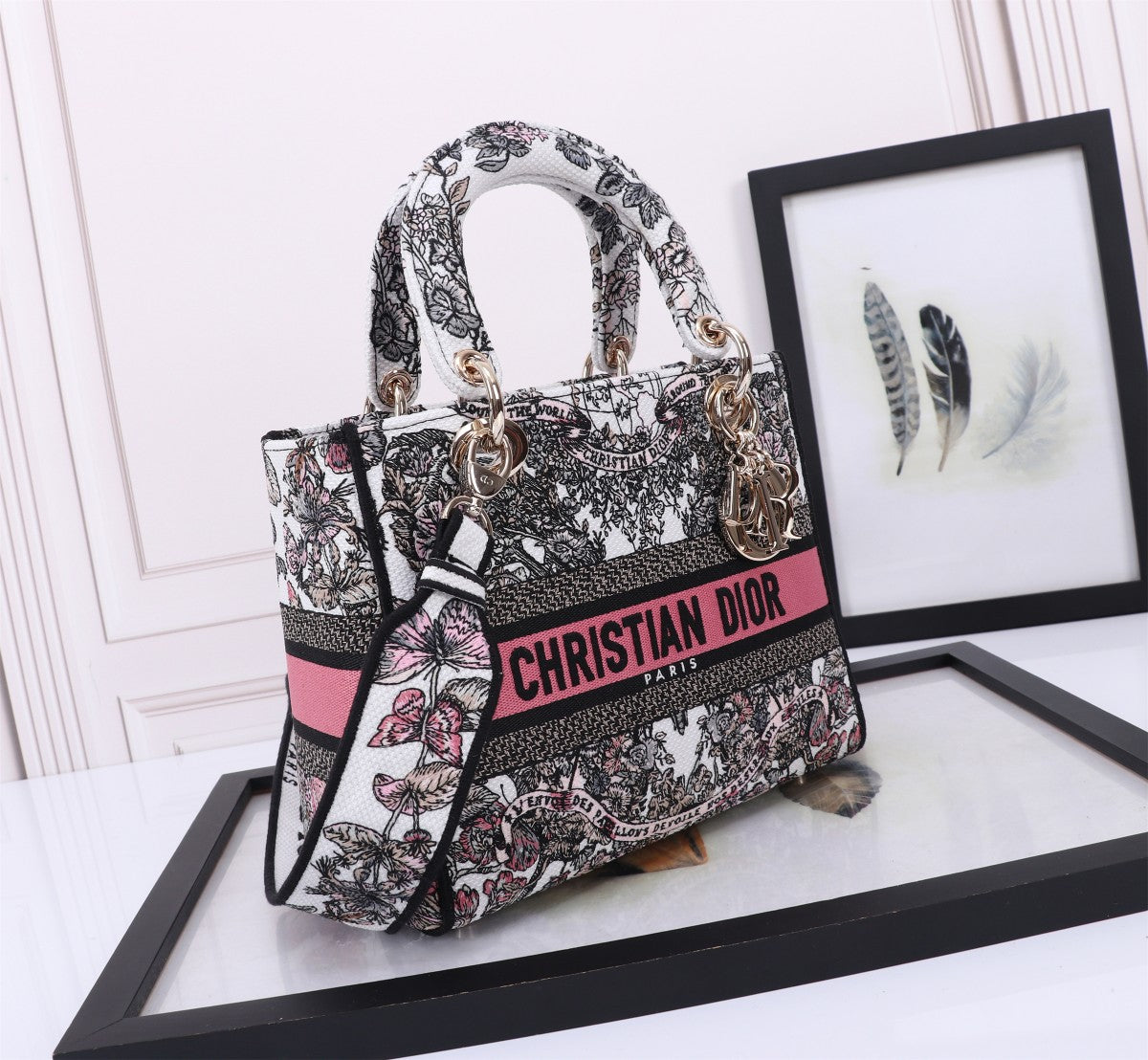 Dior Elegant Embroidered Floral Canvas Handbag with Top Handle