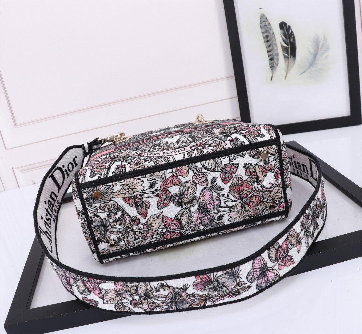 Dior Floral Embroidered Top Handle Handbag with Pink Accent Band