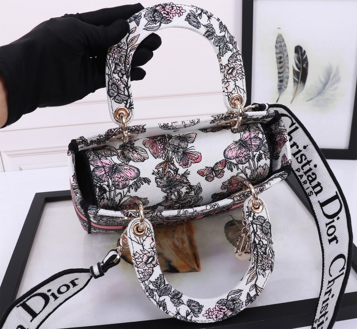 Christian Dior Lady D-Lite Handbag with Pink Floral Butterfly Embroidery