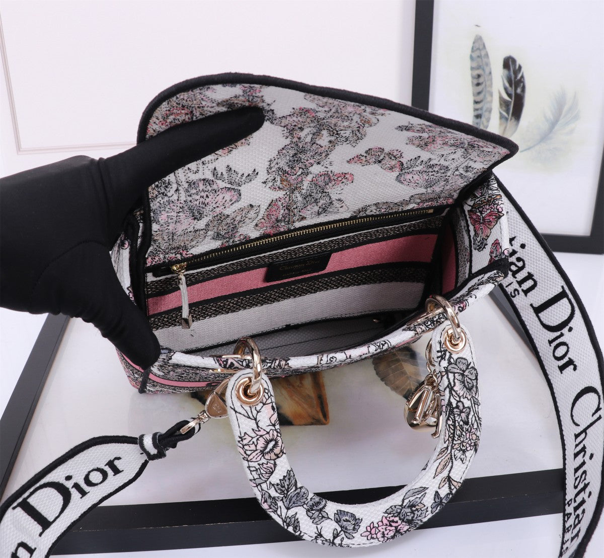 Dior Floral Embroidered Top Handle Handbag with Pink Accent Band