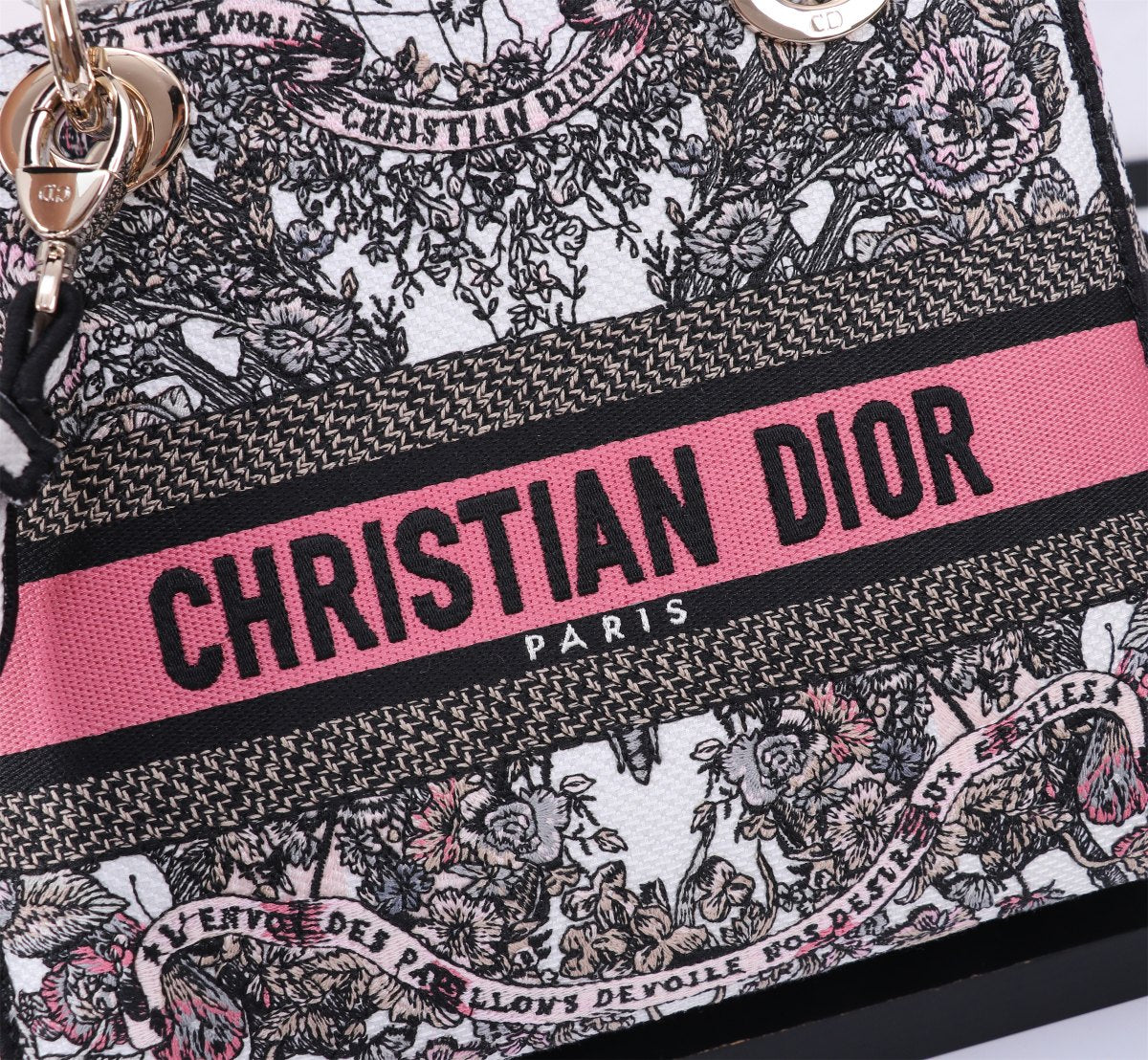 Christian Dior Lady D-Lite Handbag Grey Floral Embroidery with Pink Stripe