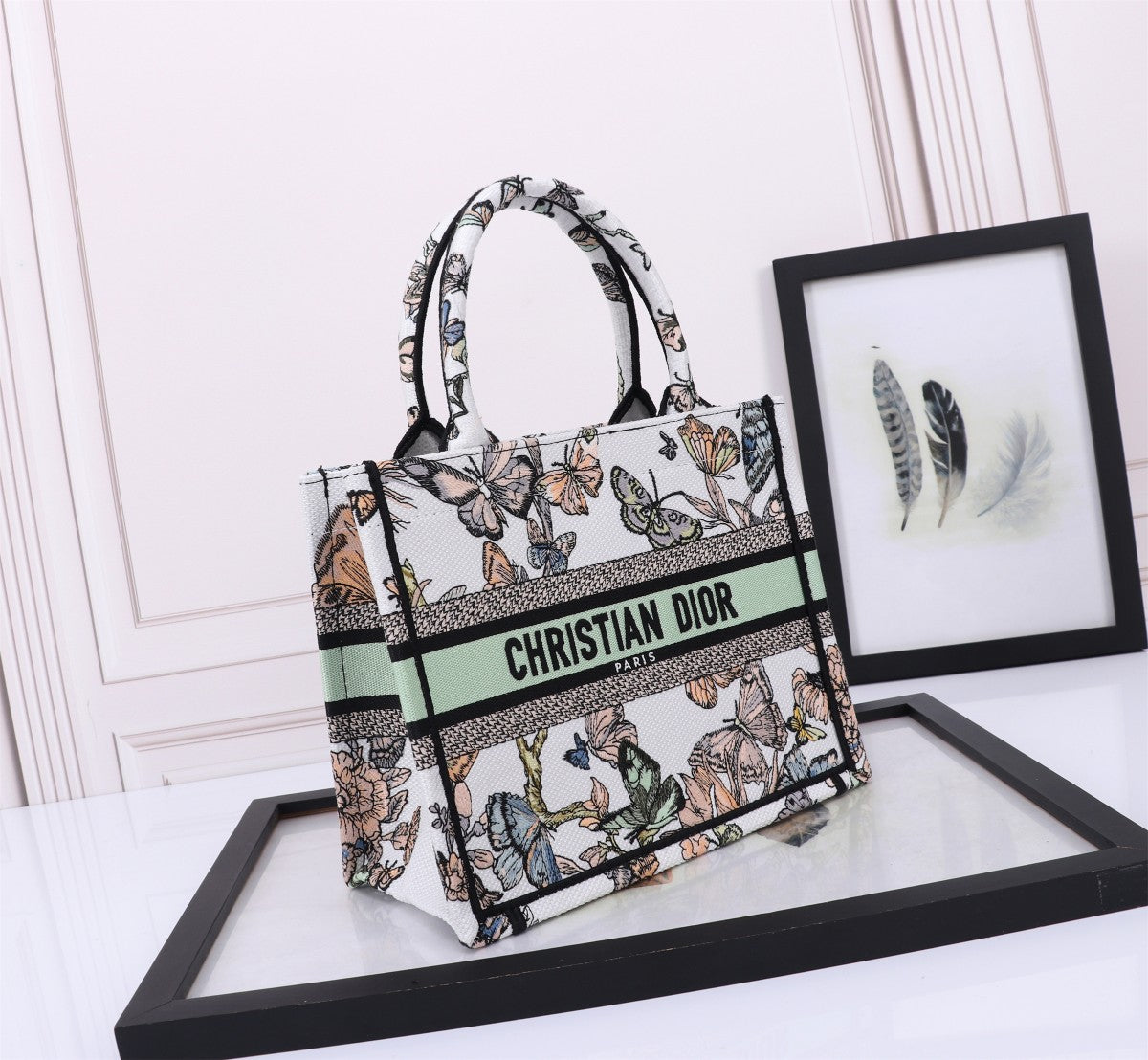 Dior Elegant Butterfly Print Canvas Tote Bag with Top Handle