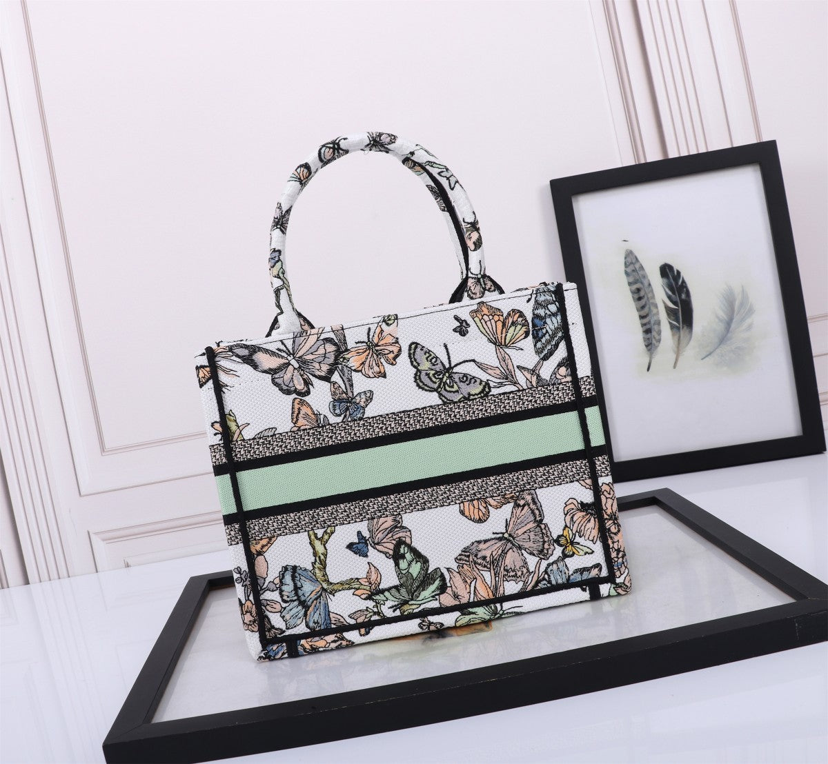Dior Floral Butterfly Print Canvas Tote Handbag with Top Handles