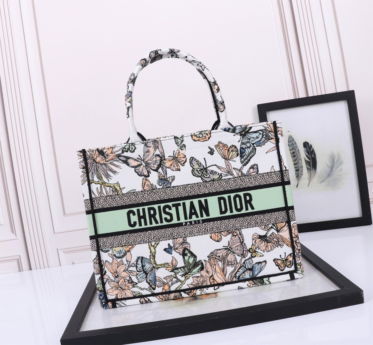 Christian Dior Medium Book Tote - White Canvas with Butterfly Embroidery