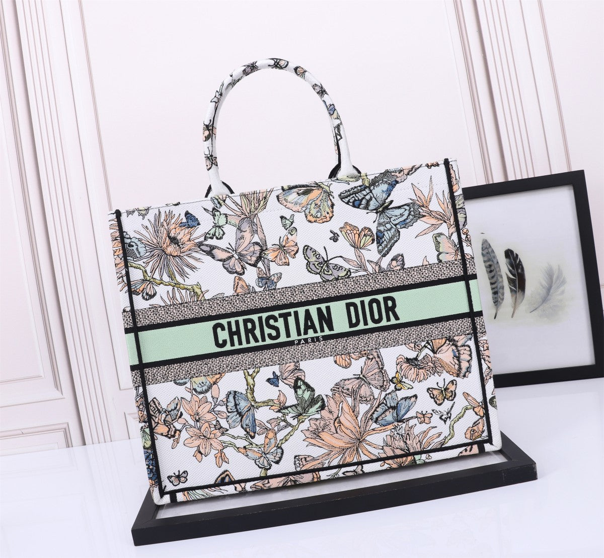 Dior Vintage Butterfly and Floral Embroidered Canvas Tote Bag