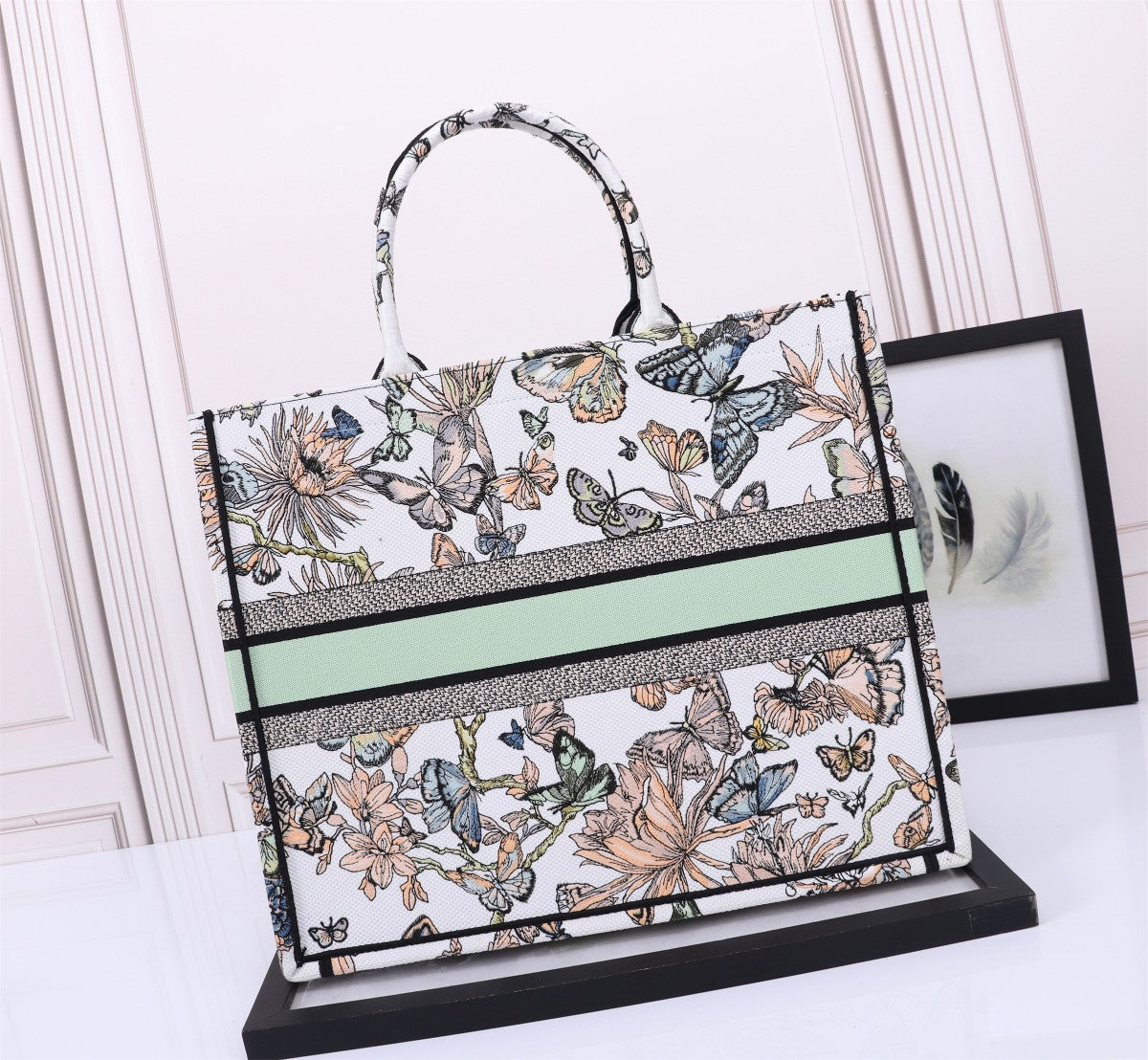 Dior Vintage Butterfly and Floral Canvas Tote Bag with Top Handle