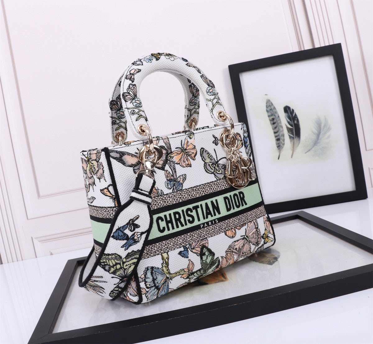 Christian Dior Lady D-Lite Medium Butterfly Embroidered Handbag - White/Multicolor