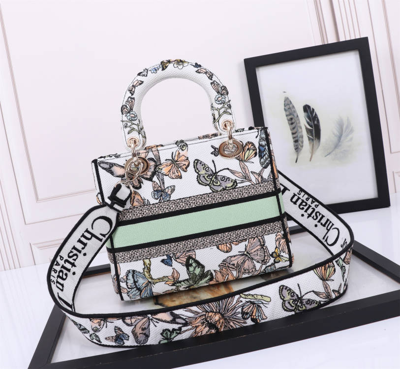 Christian Dior Lady D-Lite Medium Butterfly Embroidered Handbag - White/Multicolor