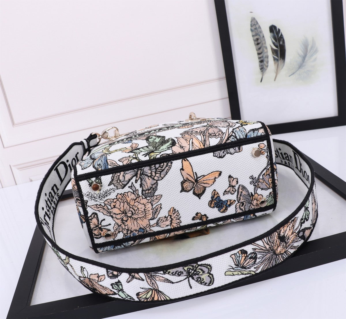 Dior Butterfly Print Canvas Top Handle Handbag with Shoulder Strap