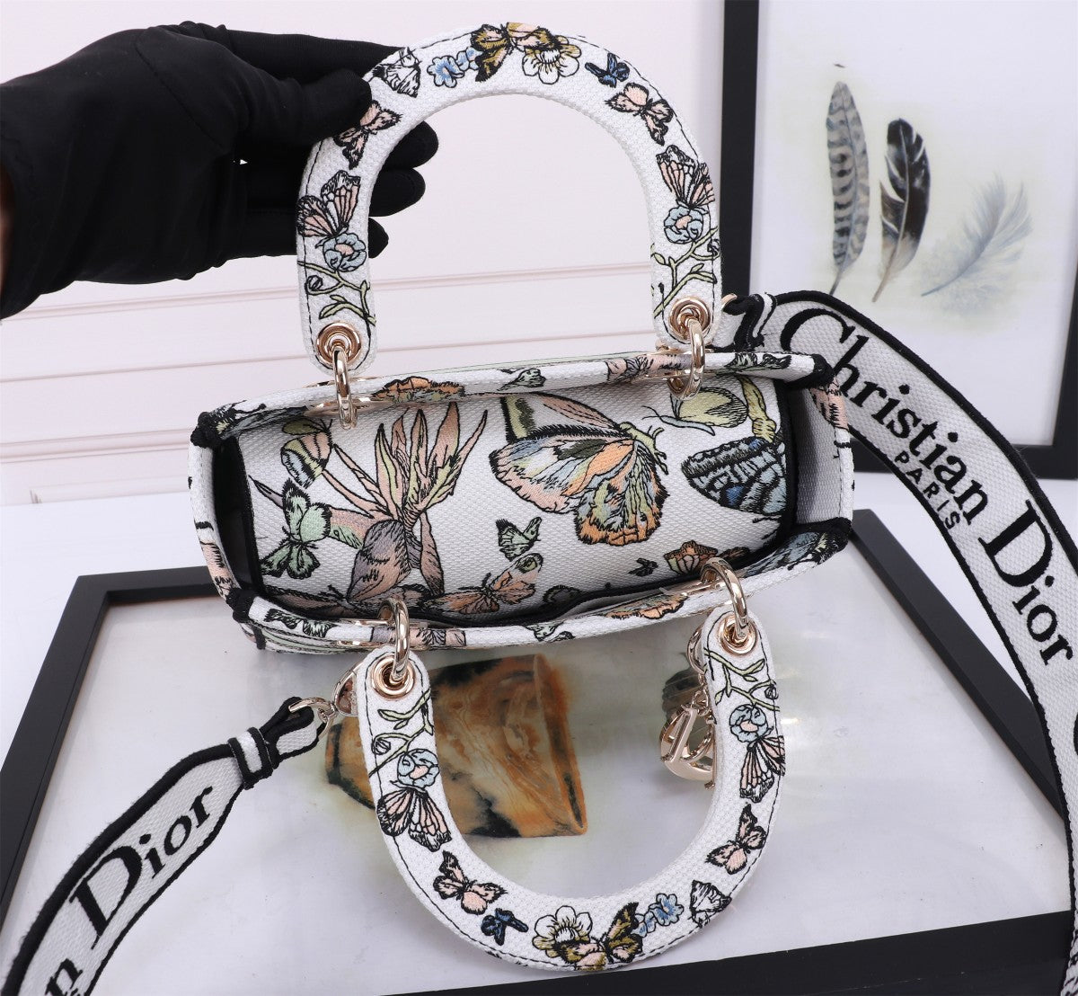 Dior Elegant Butterfly Pattern Canvas Satchel Bag with Shoulder Strap