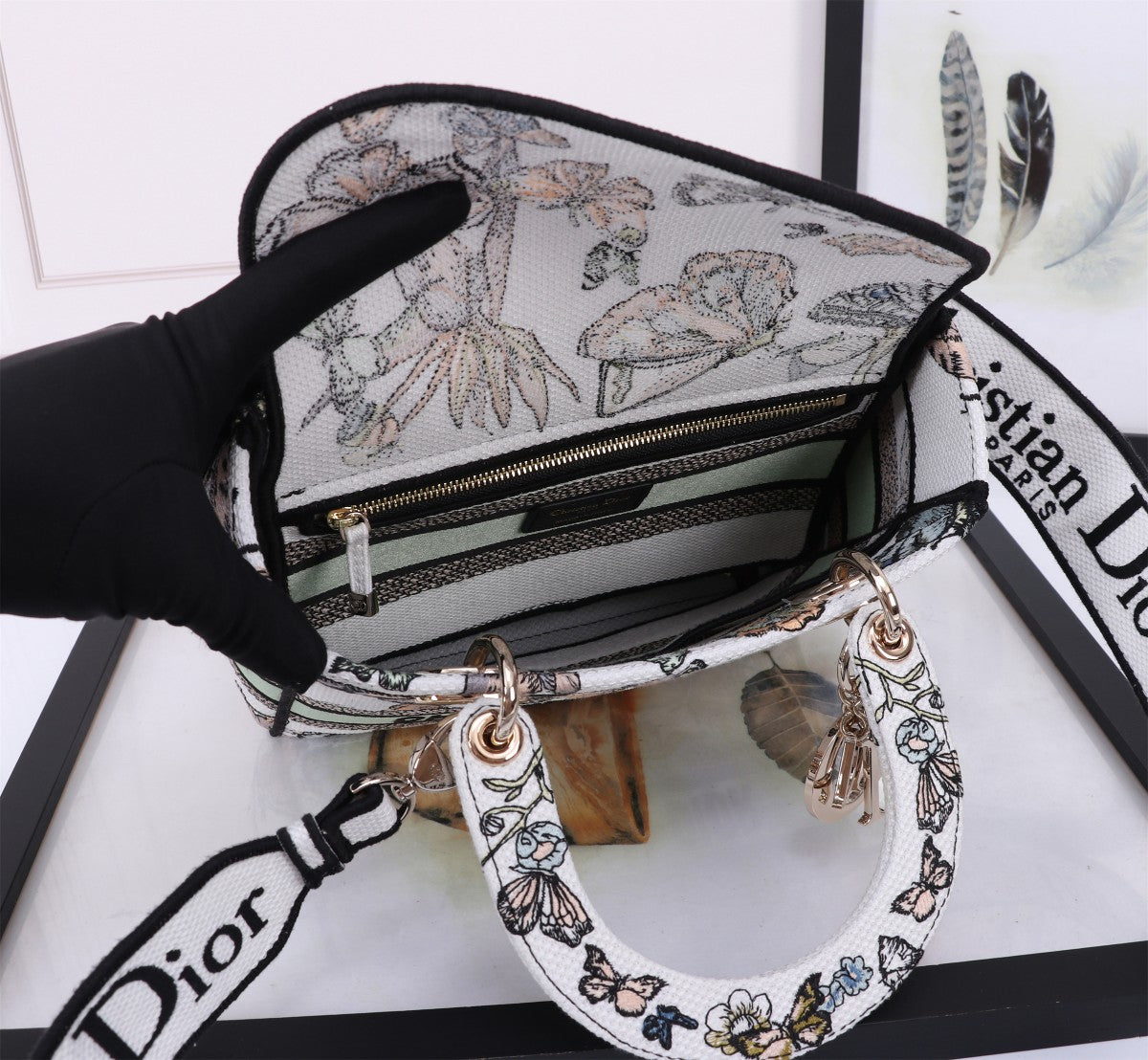 Dior Elegant Butterfly Pattern Canvas Satchel Bag with Shoulder Strap