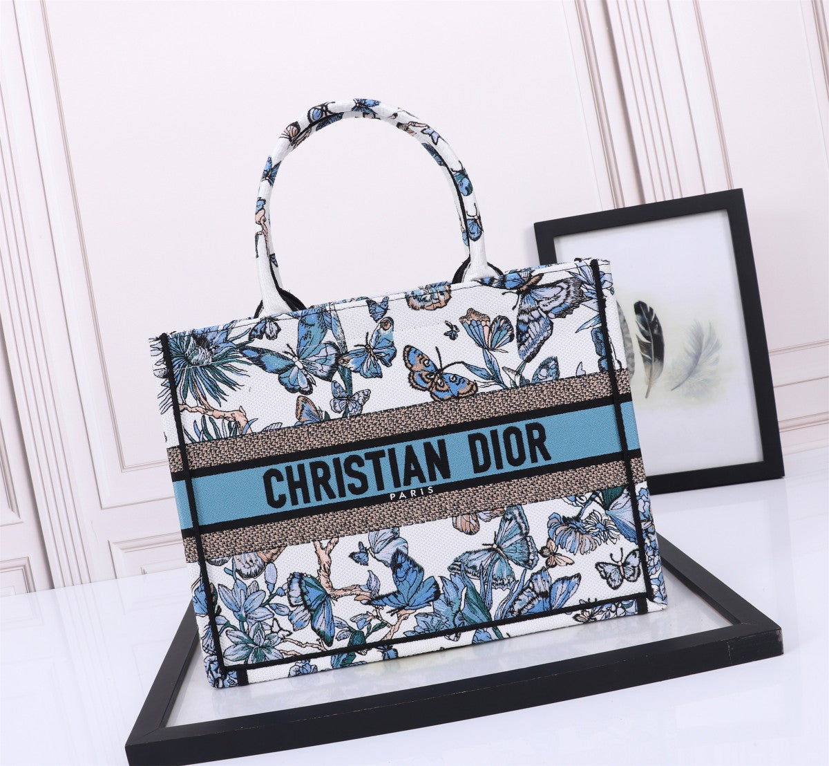 Christian Dior Medium Book Tote with Blue Butterfly Embroidery