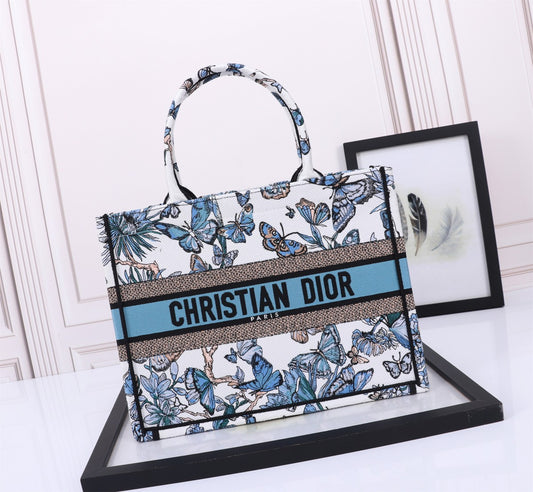 Dior Elegant Blue Butterfly Print Canvas Tote Bag with Top Handle