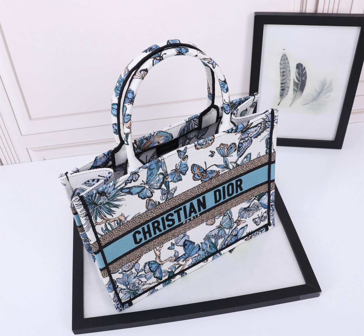 Dior Elegant Blue Butterfly Print Canvas Tote Bag with Handles