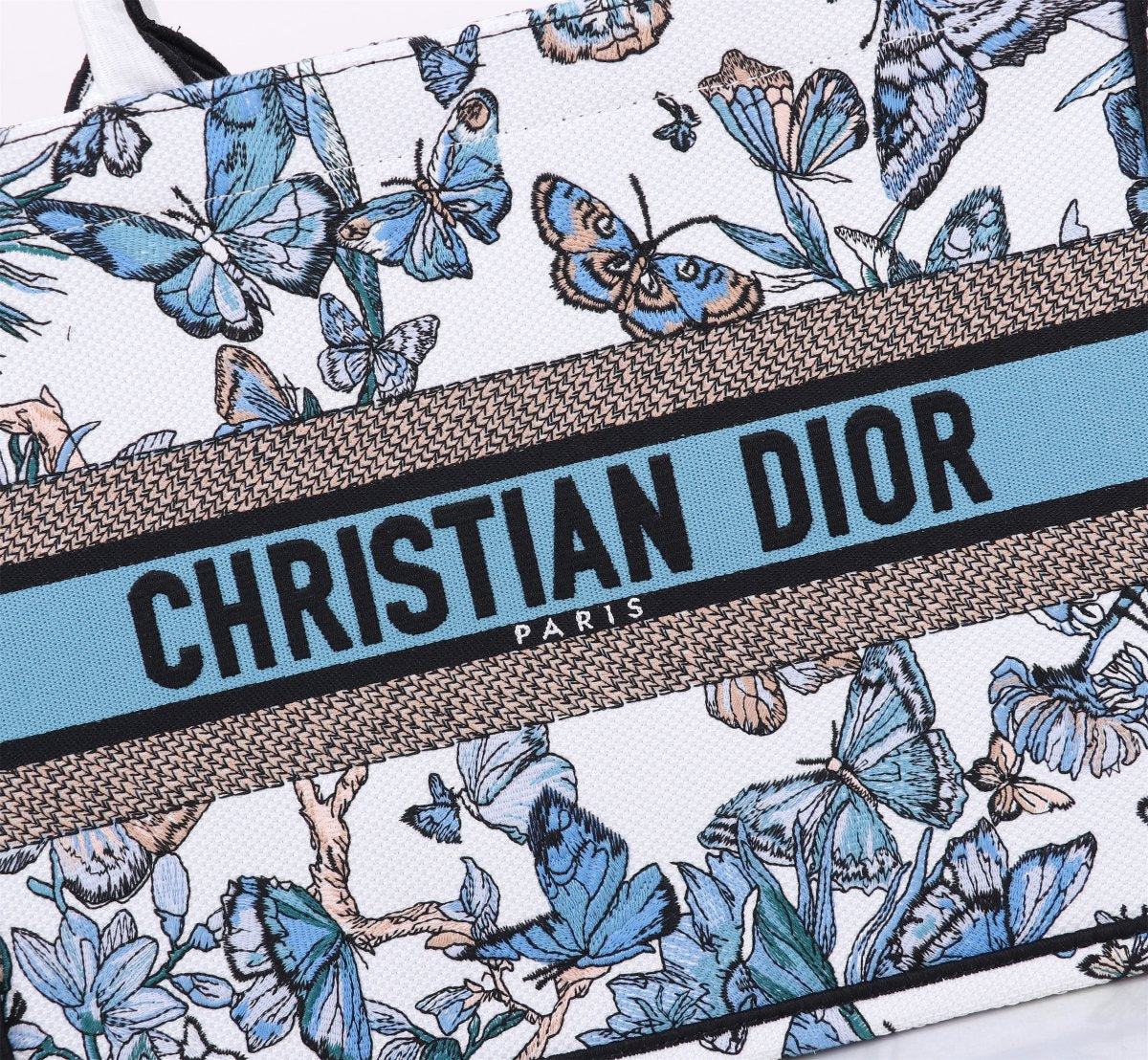 Christian Dior Blue Butterfly Embroidered Canvas Book Tote Bag