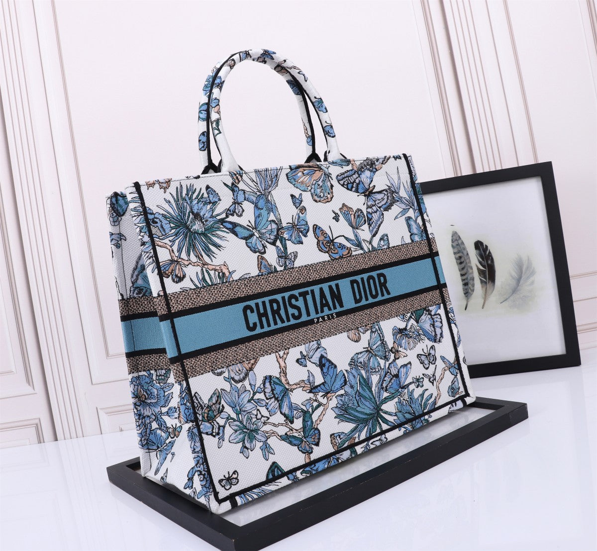 Dior Elegant Blue and White Butterfly Floral Canvas Tote Handbag