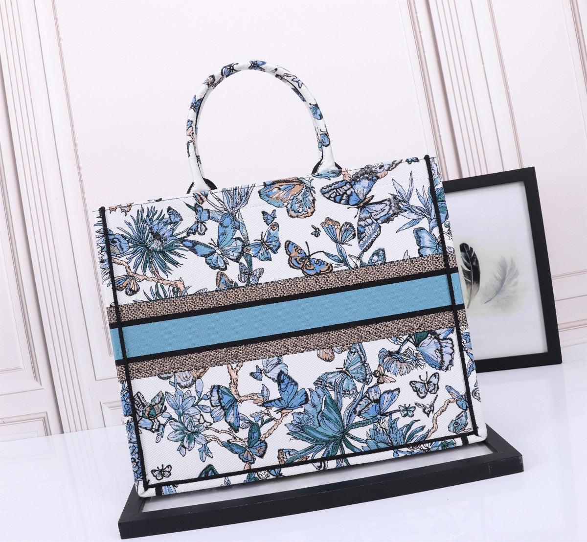 Dior Elegant Blue and White Butterfly Floral Canvas Tote Handbag
