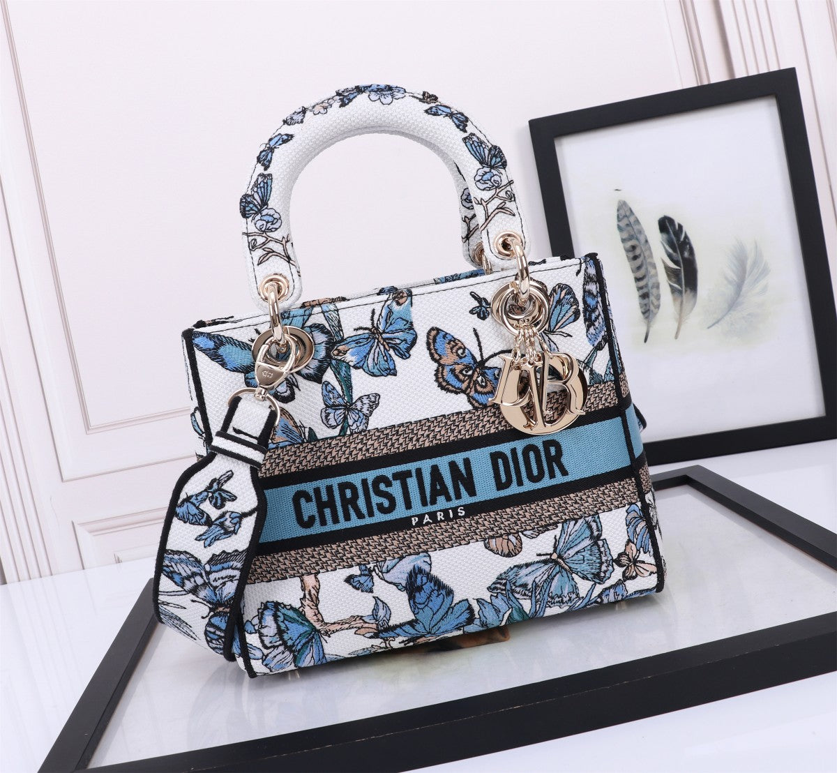 Christian Dior Lady D-Lite Medium Bag - White and Blue Butterfly Motif