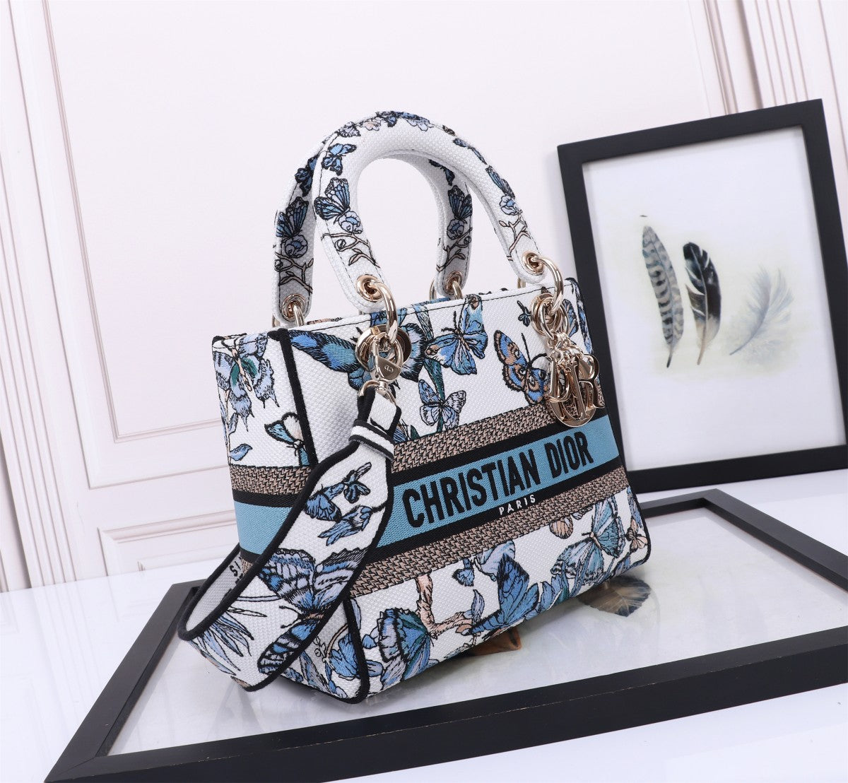 Dior Elegant Blue Butterfly Print Canvas Top Handle Handbag