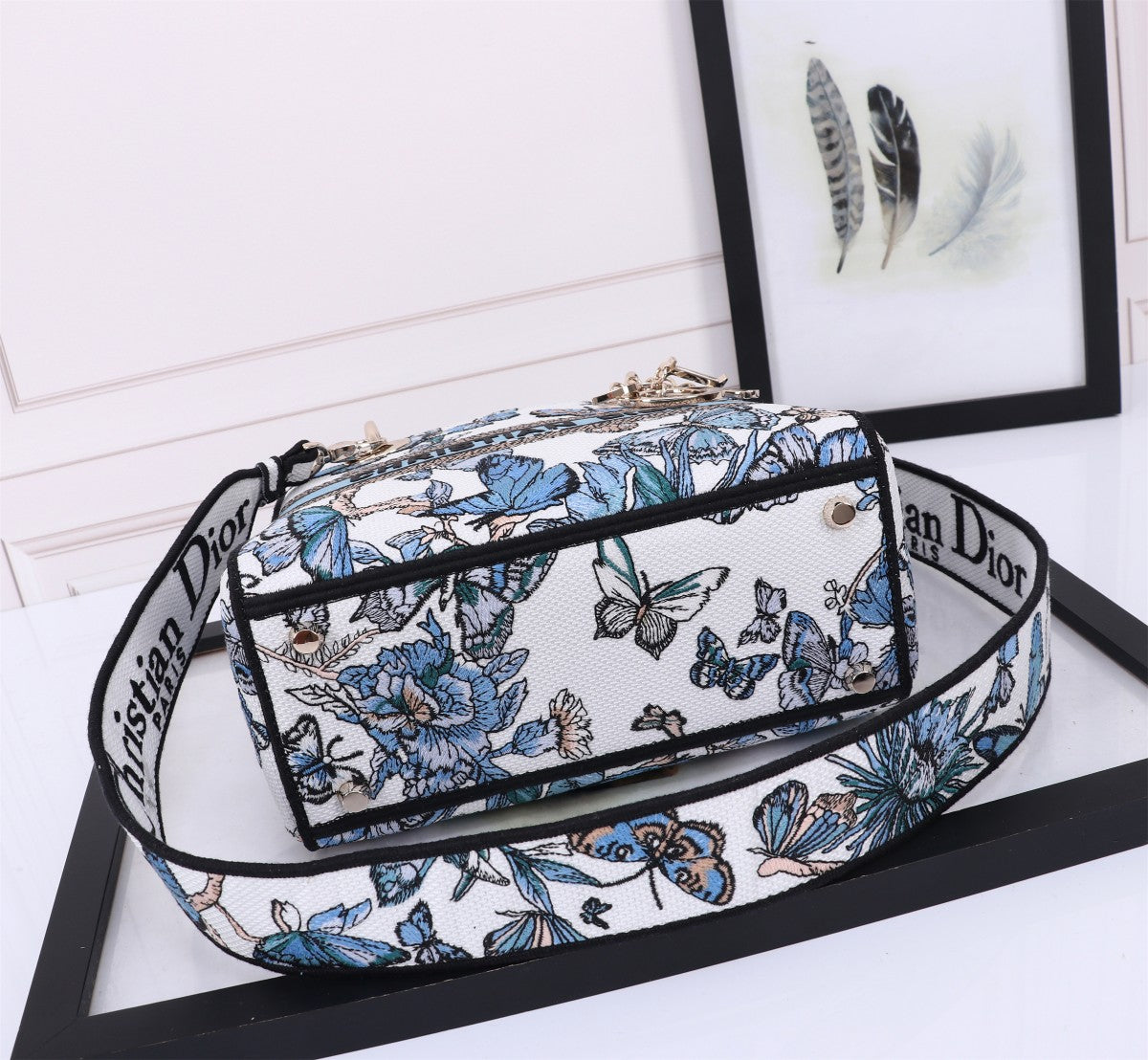 Christian Dior Lady D-Lite Medium Bag - White and Blue Butterfly Motif