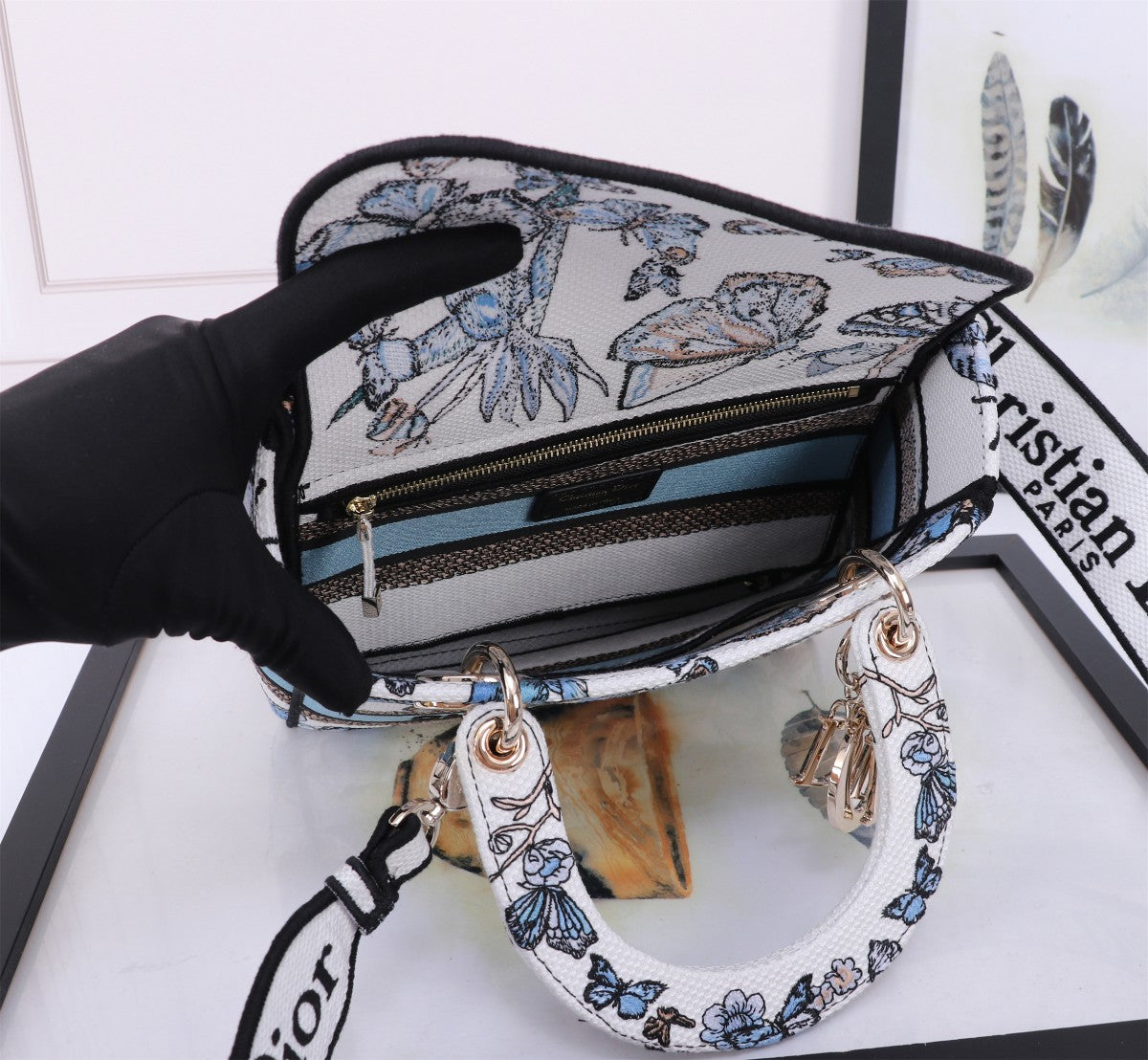 Dior Elegant Blue Butterfly Print Canvas Handbag with Shoulder Strap
