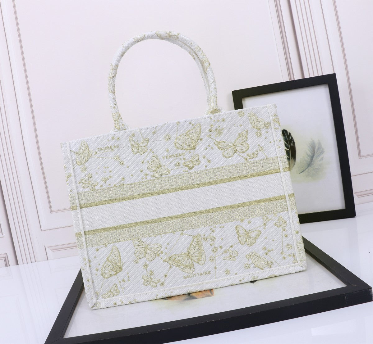 Christian Dior Medium Book Tote - White and Gold Butterfly Around the World Embroidery