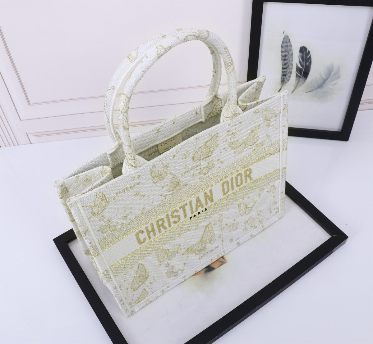 Christian Dior Medium Book Tote - White and Gold Butterfly Around the World Embroidery