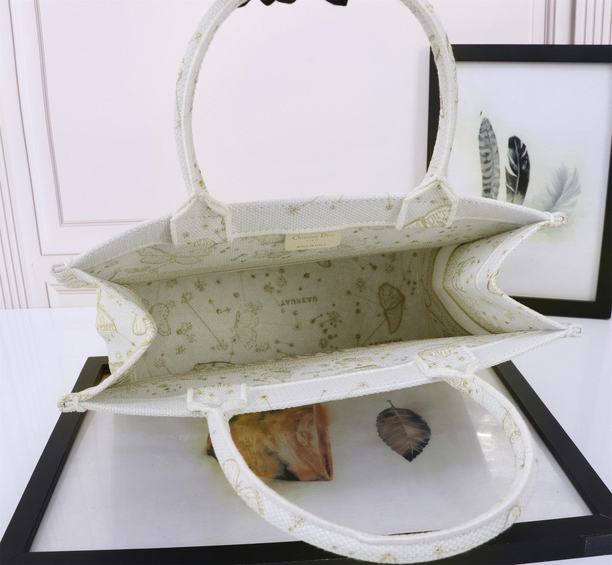 Christian Dior Medium Book Tote - White and Gold Butterfly Embroidery