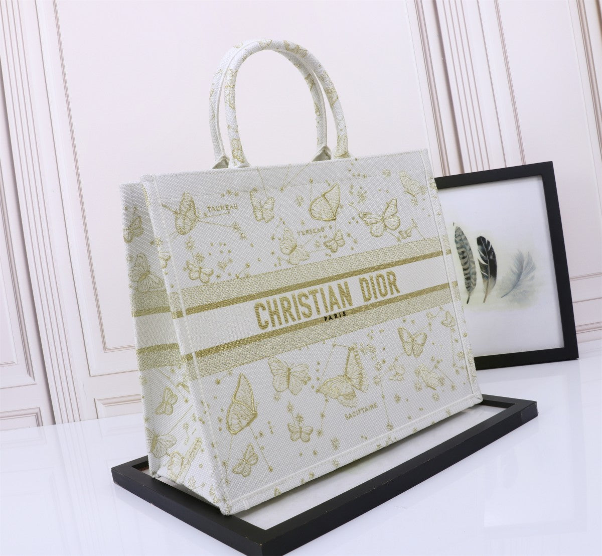Dior Elegant Butterfly Print Canvas Book Tote Bag Large Shoulder Handbag