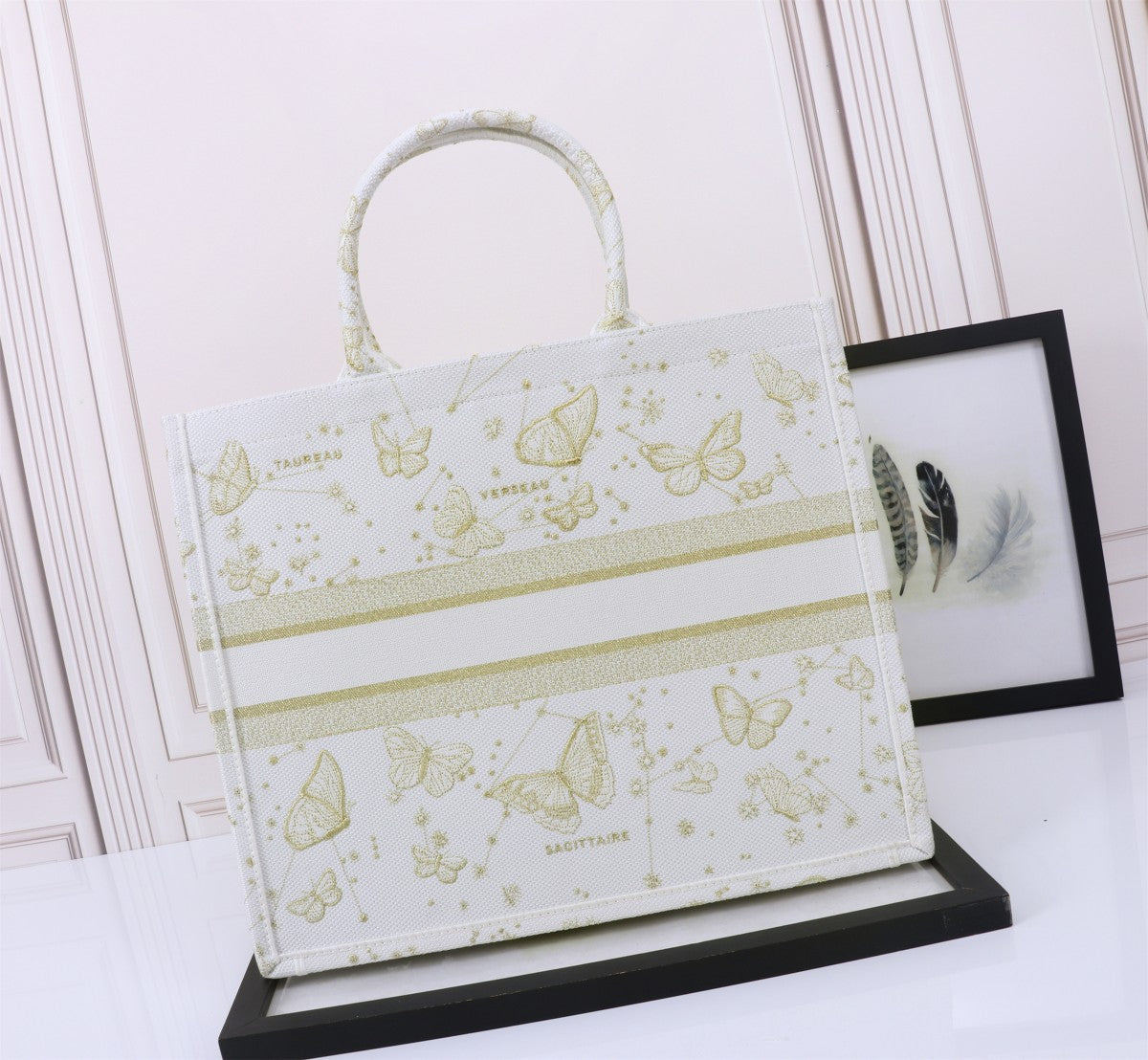 Dior Elegant Butterfly Embroidered Canvas Tote Bag with Top Handles