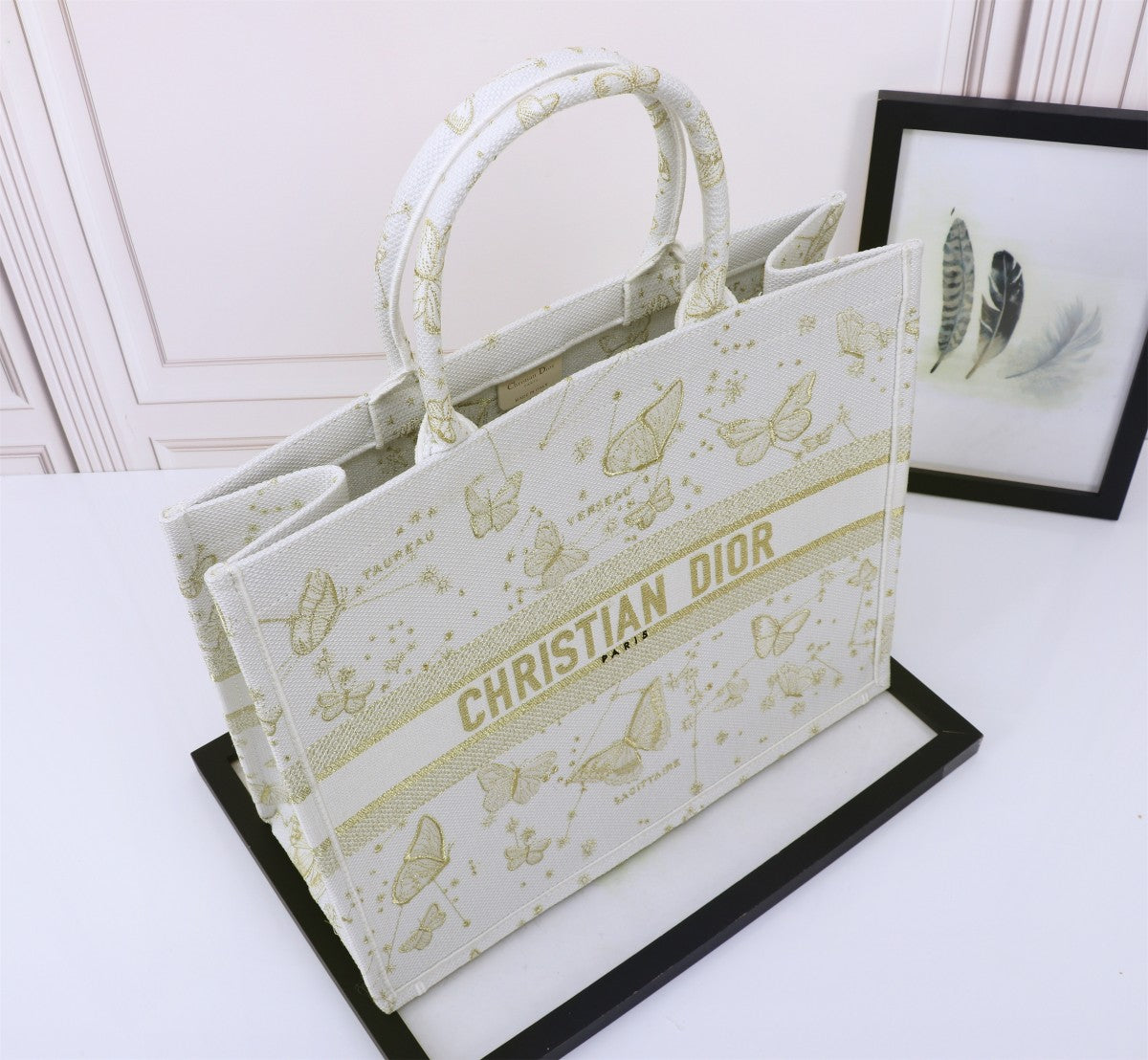 Dior Elegant Butterfly Print Canvas Book Tote Bag Large Shoulder Handbag